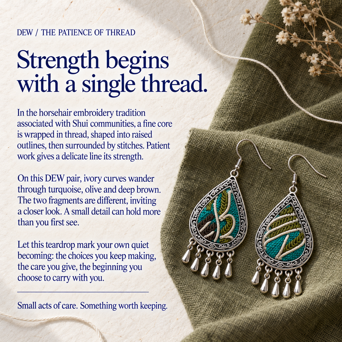 DEW craft story panel titled Strength begins with a single thread, with Verdant Reverie earrings on olive cloth beside paper, thread and dried flowers.