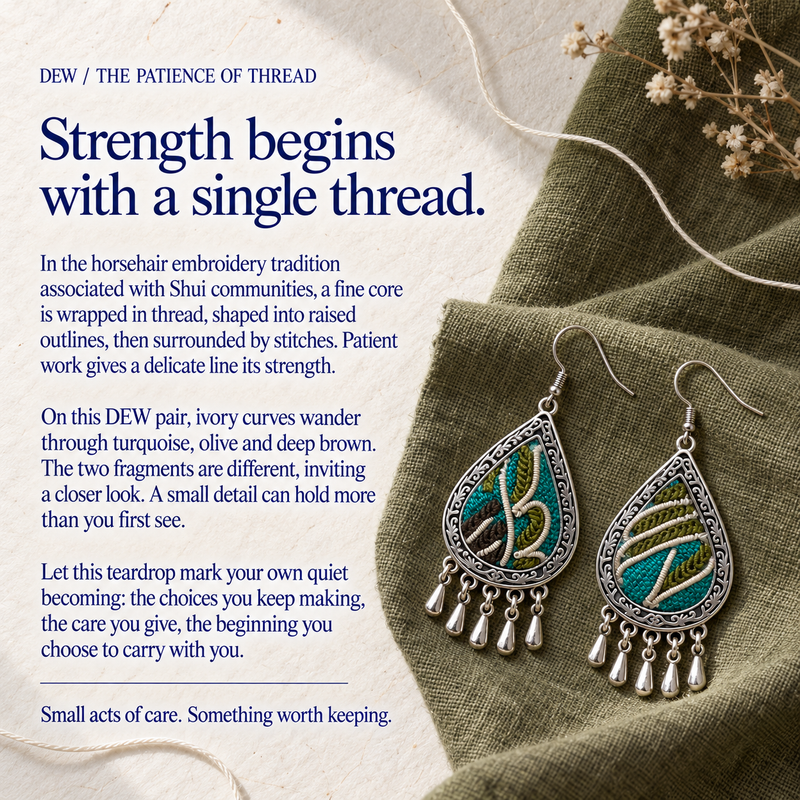 DEW craft story panel titled Strength begins with a single thread, with Verdant Reverie earrings on olive cloth beside paper, thread and dried flowers.