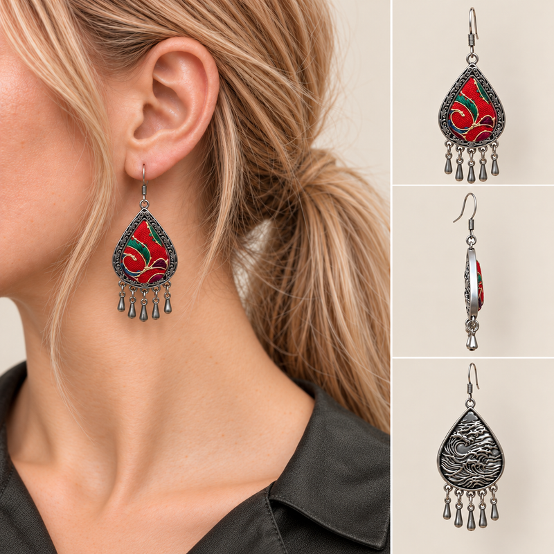 Crimson Aurora earrings worn with the red embroidered front facing outward, beside front, side and wave-relief reverse views.