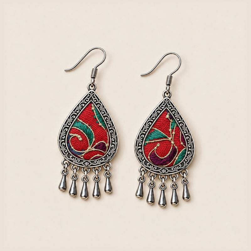 Crimson Aurora earrings laid flat, showing different pale curved patterns across red, green and purple embroidered fronts.