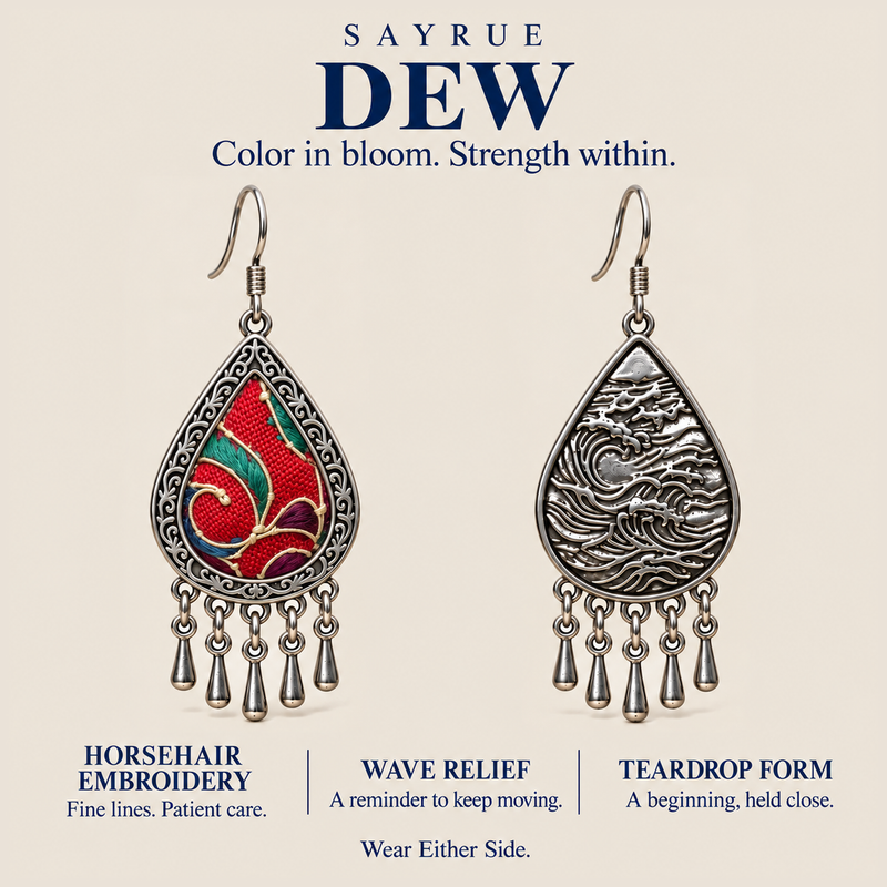 DEW story panel showing Crimson Aurora's embroidered front and wave reverse, with the words Color in bloom. Strength within.