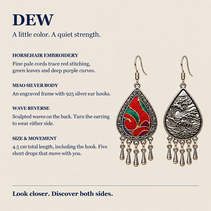 Crimson Aurora detail panel showing horsehair embroidery, Miao silver body, 925 silver ear hooks and reversible wave relief.