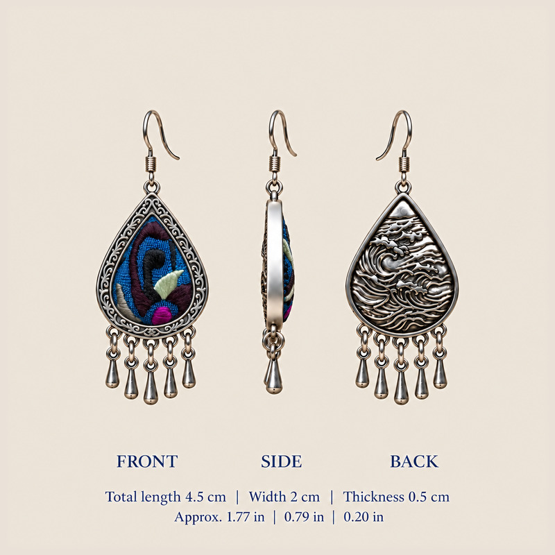 Violet Reverie front, side and back views: 4.5 cm total length including hooks, 2 cm wide and 0.5 cm thick.