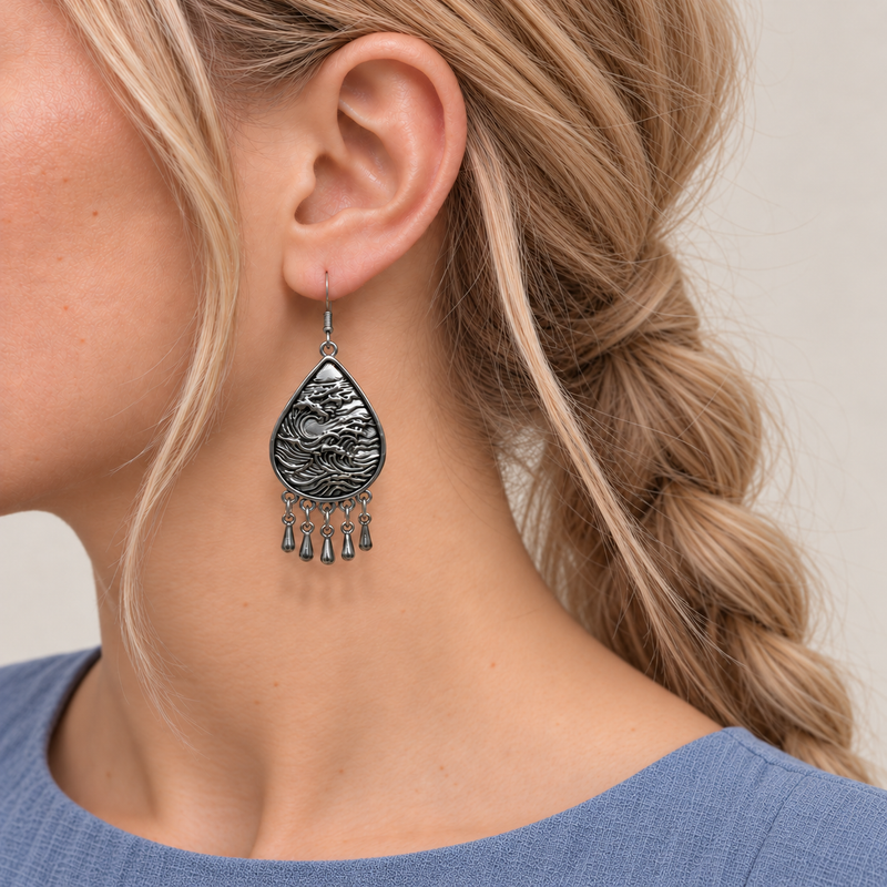 Close-up of a Violet Reverie earring worn with its sculpted wave-relief metal reverse facing outward.