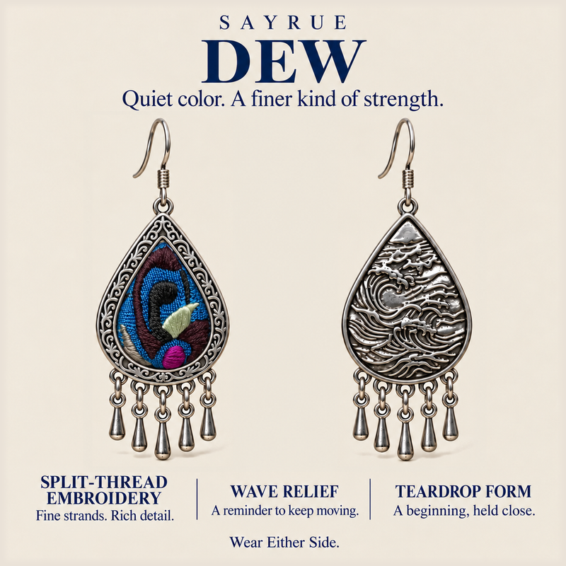 DEW story panel with Violet Reverie's embroidered front and wave reverse, reading Quiet color. A finer kind of strength.