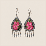 Petal Serenade teardrop earrings with pink flowers, green leaves and fine gold-colored outlines in Jing embroidery, with five short drops.