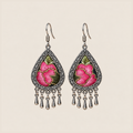 Petal Serenade teardrop earrings with pink flowers, green leaves and fine gold-colored outlines in Jing embroidery, with five short drops.