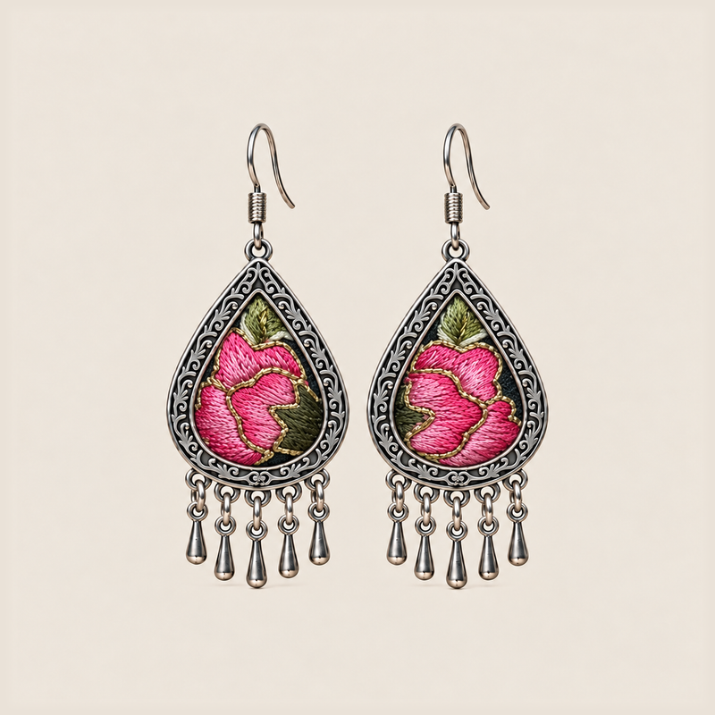Petal Serenade teardrop earrings with pink flowers, green leaves and fine gold-colored outlines in Jing embroidery, with five short drops.