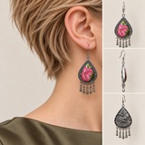 Petal Serenade earrings worn with pink floral embroidery facing outward, beside front, side and wave-relief reverse views.