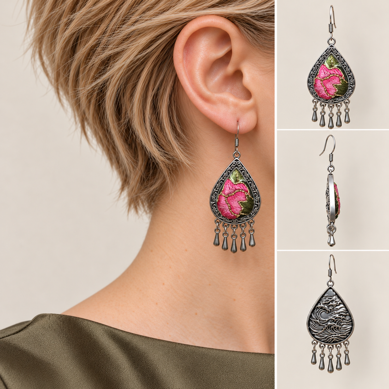 Petal Serenade earrings worn with pink floral embroidery facing outward, beside front, side and wave-relief reverse views.