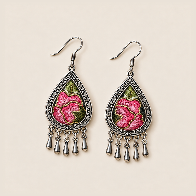 Petal Serenade earrings laid flat, showing different pink floral embroidery patterns with green leaves on a dark ground.