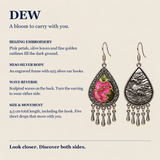 Petal Serenade detail panel showing Jing embroidery, Miao silver body, 925 silver ear hooks and reversible wave relief.