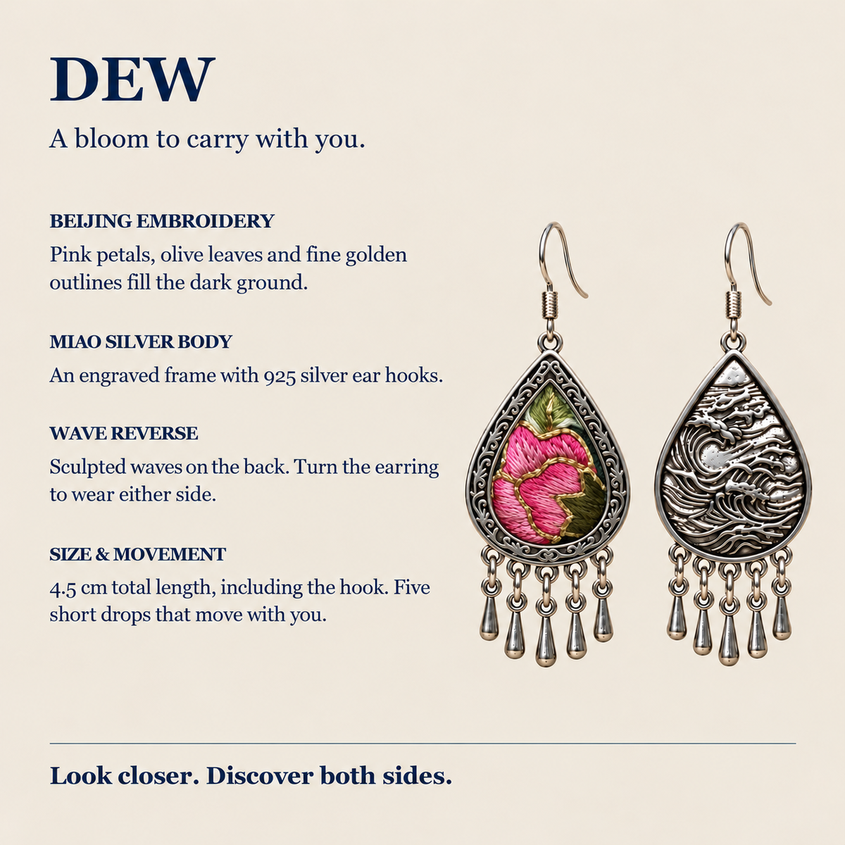 Petal Serenade detail panel showing Jing embroidery, Miao silver body, 925 silver ear hooks and reversible wave relief.