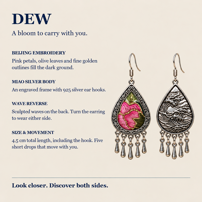 Petal Serenade detail panel showing Jing embroidery, Miao silver body, 925 silver ear hooks and reversible wave relief.