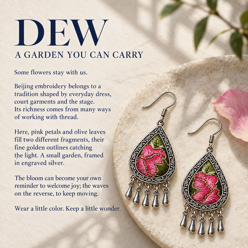 DEW story panel titled A garden you can carry, showing Petal Serenade earrings on a pale stone tray beside a pink petal and green foliage.