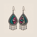 Twilight Mosaic teardrop earrings with differing teal, pink and pale counted-thread embroidery on black textile and five short drops.