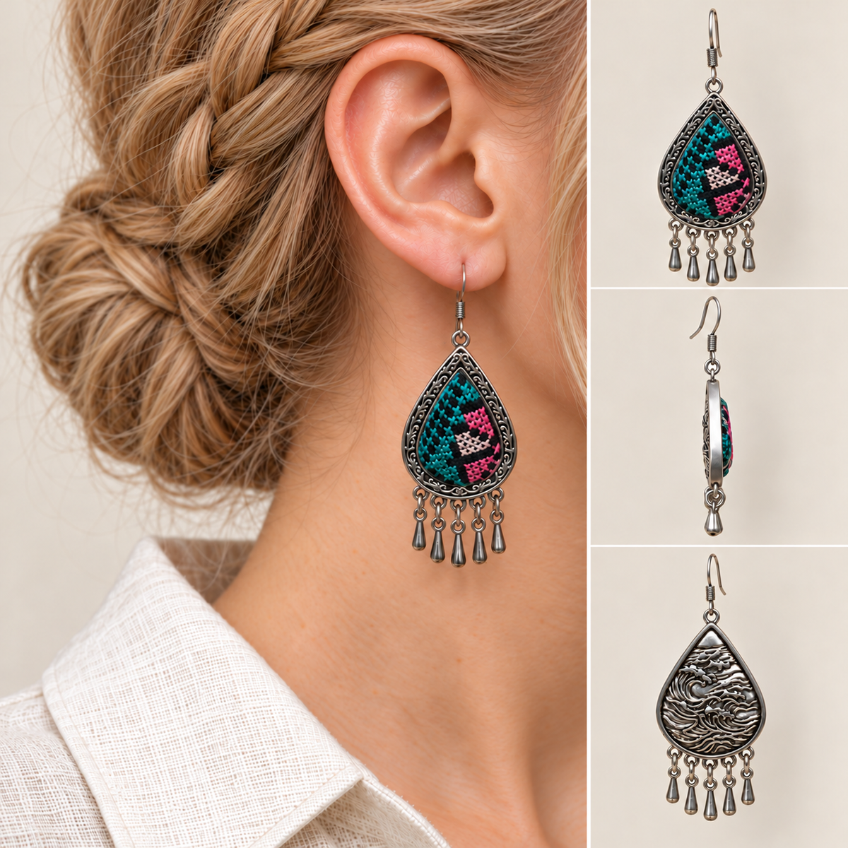 Twilight Mosaic earrings worn with geometric embroidery facing outward, beside front, side and wave-relief reverse views.