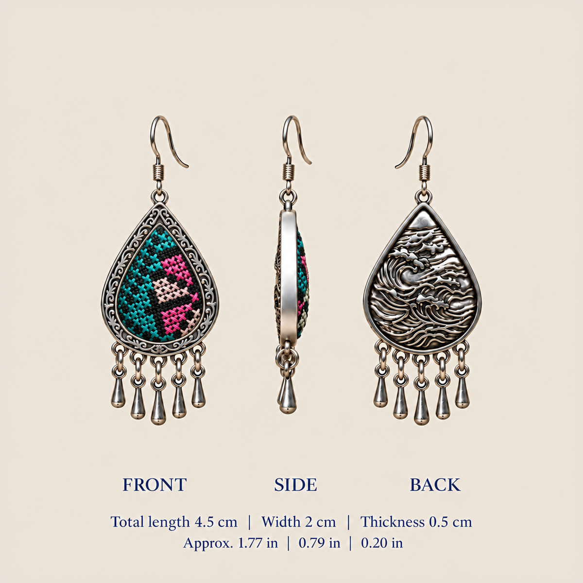 Twilight Mosaic front, side and back views: 4.5 cm total length including hooks, 2 cm wide and 0.5 cm thick.