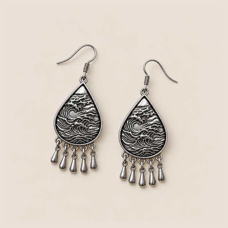 Twilight Mosaic earrings laid flat with wave-relief backs facing up and five short drops beneath each teardrop.