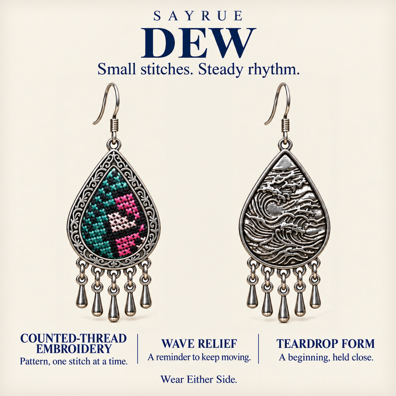 DEW story panel showing Twilight Mosaic's embroidered front and wave reverse, reading Small stitches. Steady rhythm.