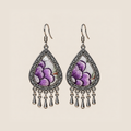 Lavender Sonata teardrop earrings with purple petals, green and brown accents in Suzhou embroidery on a pale ground and five short drops.