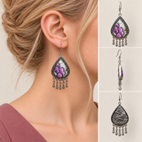 Lavender Sonata earrings worn with purple floral embroidery facing outward, beside front, side and wave-relief reverse views.