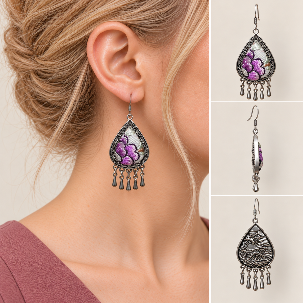 Lavender Sonata earrings worn with purple floral embroidery facing outward, beside front, side and wave-relief reverse views.