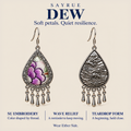 DEW story panel showing Lavender Sonata's embroidered front and wave reverse, reading Soft petals. Quiet resilience.