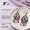 DEW story panel titled A quiet place to bloom, showing Lavender Sonata earrings on a pale round dish over lilac cloth beside small dried flowers.