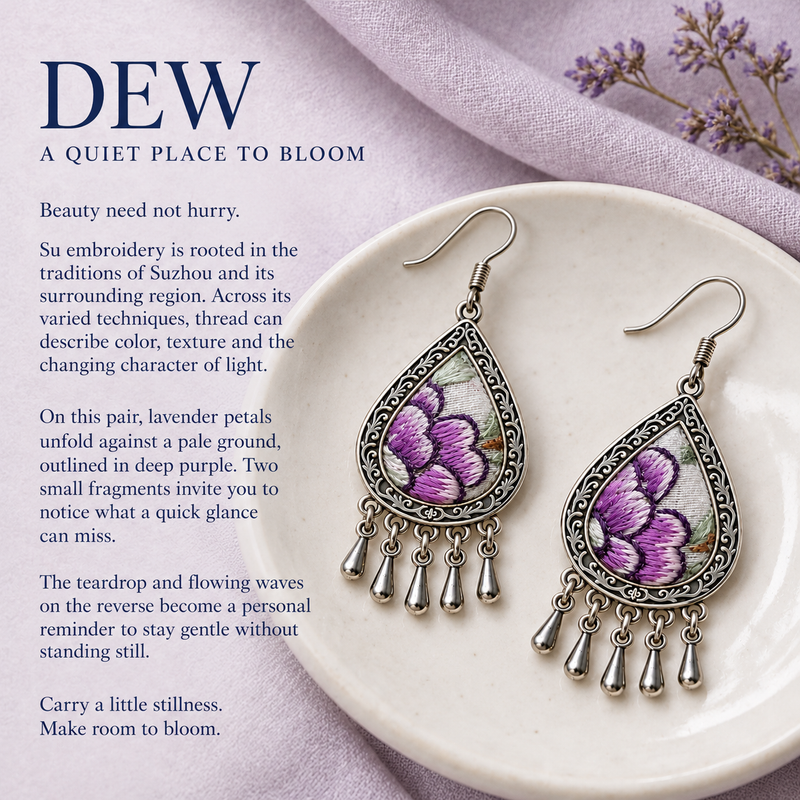 DEW story panel titled A quiet place to bloom, showing Lavender Sonata earrings on a pale round dish over lilac cloth beside small dried flowers.