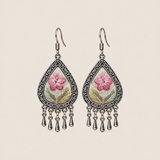 Blush Reverie teardrop earrings with pink five-petal Suzhou embroidery flowers on ivory textile and five short drops.