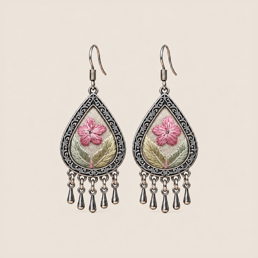 Blush Reverie teardrop earrings with pink five-petal Suzhou embroidery flowers on ivory textile and five short drops.