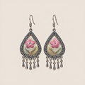 Blush Reverie teardrop earrings with pink five-petal Suzhou embroidery flowers on ivory textile and five short drops.