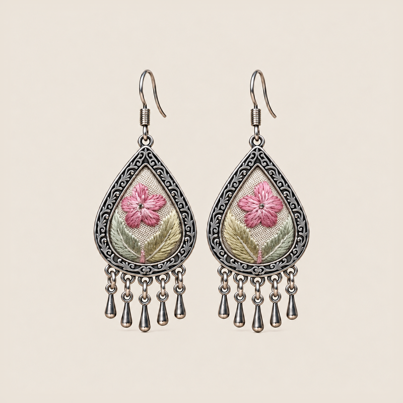 Blush Reverie teardrop earrings with pink five-petal Suzhou embroidery flowers on ivory textile and five short drops.