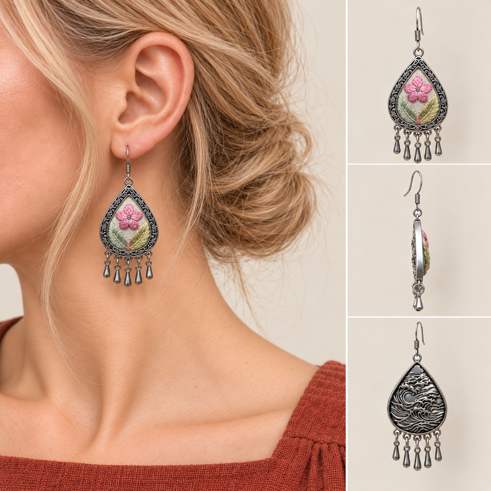 Model wearing a Blush Reverie floral earring, beside front, side and wave-relief reverse views.