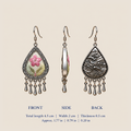 Blush Reverie earring dimensions: 4.5 cm long including hook, 2 cm wide and 0.5 cm thick, with front, side and back views.