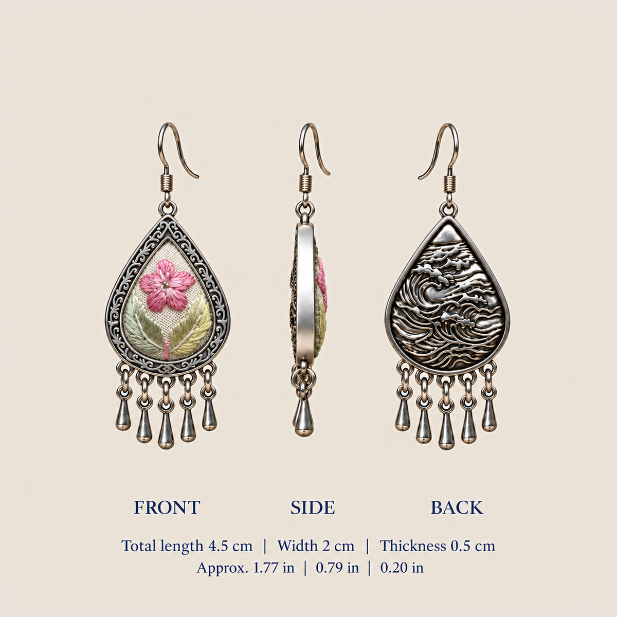 Blush Reverie earring dimensions: 4.5 cm long including hook, 2 cm wide and 0.5 cm thick, with front, side and back views.