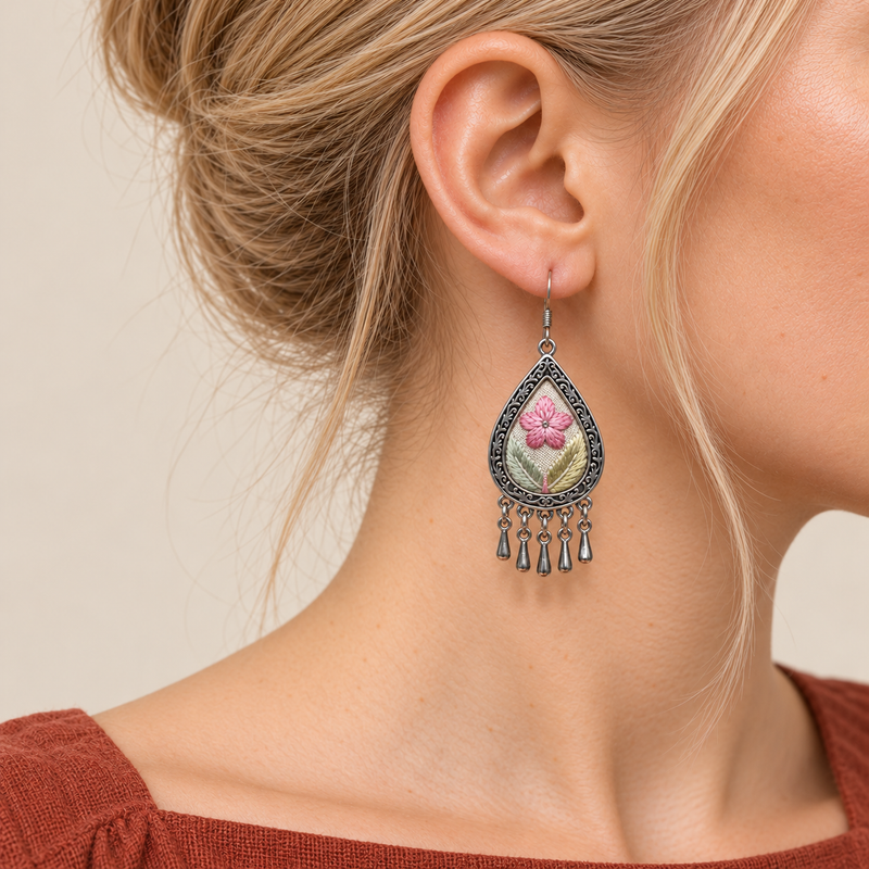 Close-up of a worn Blush Reverie earring showing a pink embroidered flower, shaded leaves and five short drops.
