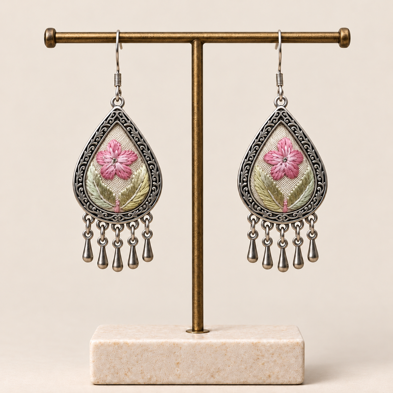 Blush Reverie floral teardrop earrings hanging from a T-bar stand with five short drops beneath each earring.