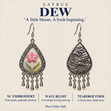 DEW story panel showing Blush Reverie embroidery and wave-relief reverse with the words A little bloom. A fresh beginning.