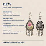 Blush Reverie detail panel showing Suzhou embroidery, wave-relief reverse, 925 silver ear hooks and five short drops.