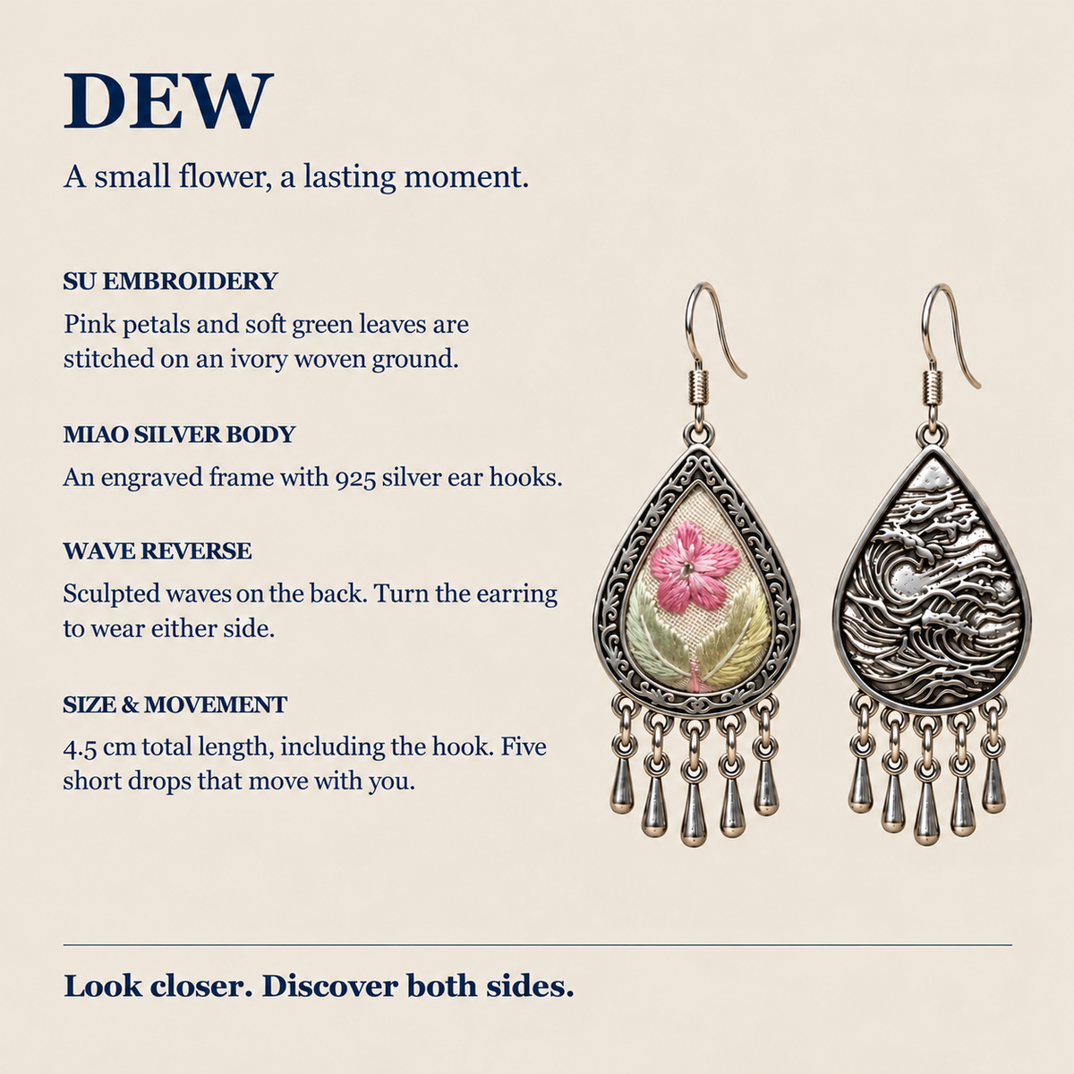 Blush Reverie detail panel showing Suzhou embroidery, wave-relief reverse, 925 silver ear hooks and five short drops.
