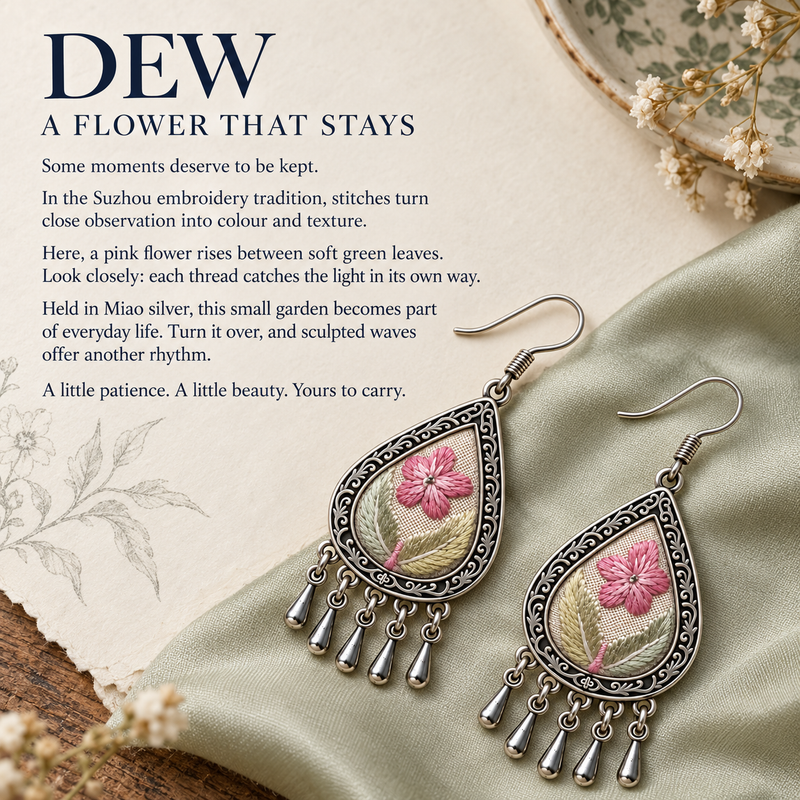 Blush Reverie earrings on pale green cloth beside a botanical sketch, dried flowers and a dish in the A flower that stays story panel.
