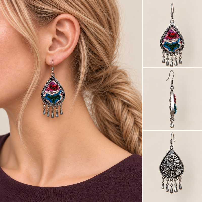 Model wearing a Prismatic Reverie earring, beside front, side and wave-relief reverse views.