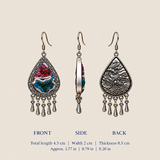 Prismatic Reverie earring dimensions: 4.5 cm long including hook, 2 cm wide and 0.5 cm thick, with front, side and back views.
