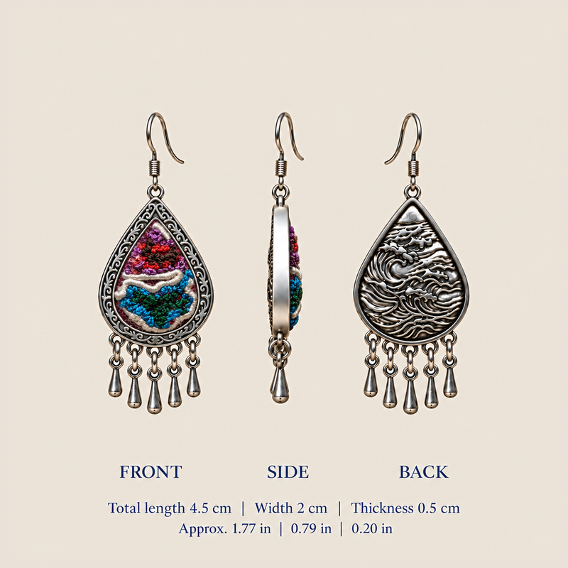 Prismatic Reverie earring dimensions: 4.5 cm long including hook, 2 cm wide and 0.5 cm thick, with front, side and back views.