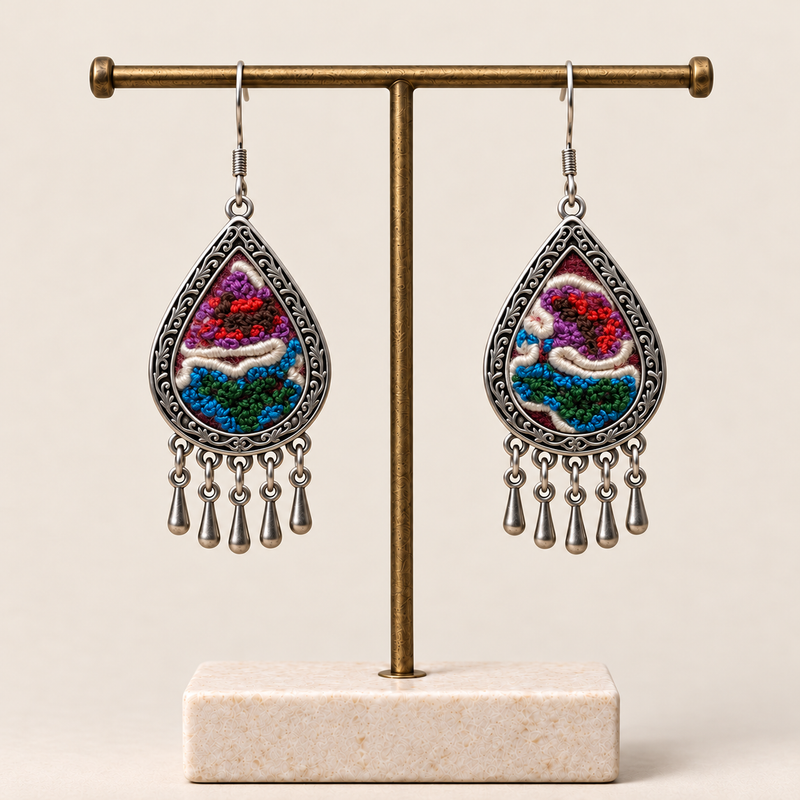 Prismatic Reverie knotted embroidery earrings hanging from a T-bar stand, with five short drops beneath each teardrop.