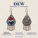 DEW story panel showing Prismatic Reverie knotted embroidery and wave-relief reverse under Small knots. A vivid rhythm.