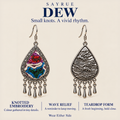 DEW story panel showing Prismatic Reverie knotted embroidery and wave-relief reverse under Small knots. A vivid rhythm.