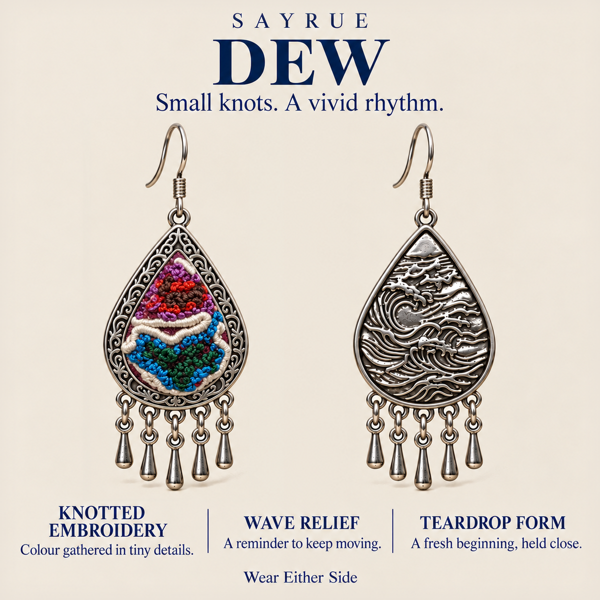 DEW story panel showing Prismatic Reverie knotted embroidery and wave-relief reverse under Small knots. A vivid rhythm.